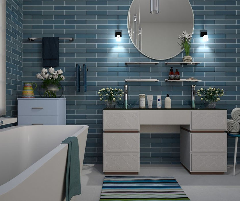 Modern bathroom design with blue tile and vanity Senoia Ga Perspective Designs and Renovation