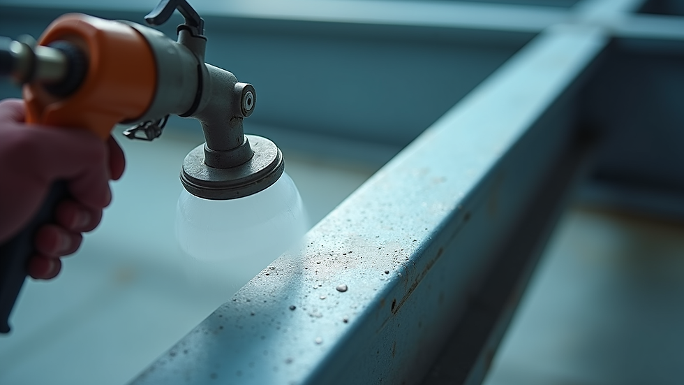 Close-up view of industrial coating spray gun applying paint on steel beam