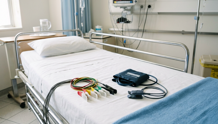 Close-up view of medical monitoring leads beside a treatment bed
