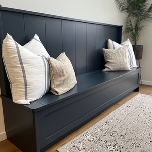 custom built bench seat with storage in Farrow and Ball Railings