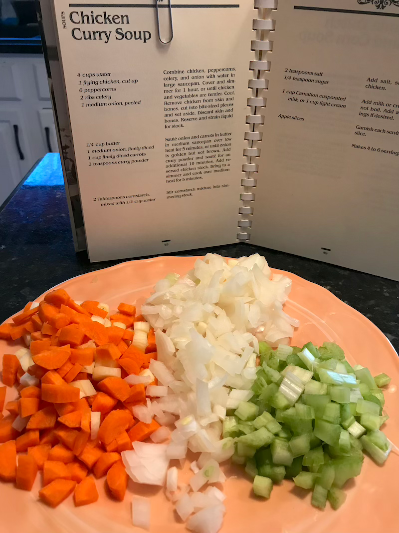 Chicken Curry Soup Ingredients, Diced carrots, onions, celery