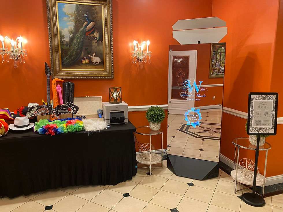 Eye-level view of a beautifully decorated photo booth with vibrant props