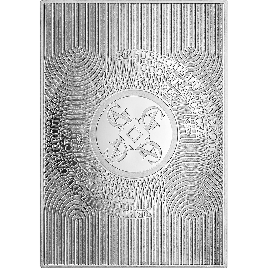 Срібна монета Мона Ліза (Mona Lisa) 1 oz Mint XXI Proof — аверс: номінал 1000 франків CFA, Камерун 2027