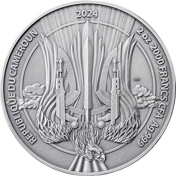 Срібна монета Армія дронів (Army of Drones) 2 oz — аверс: тризуб, 2000 франків CFA, Камерун 2024