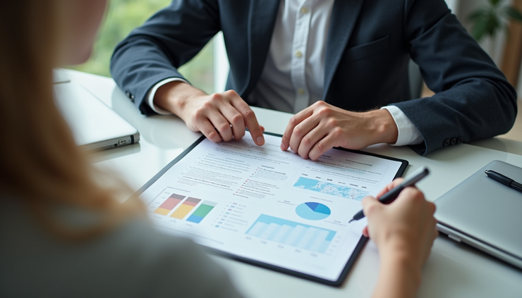 High angle view of a person reviewing financial documents and a SCHUFA report on a desk