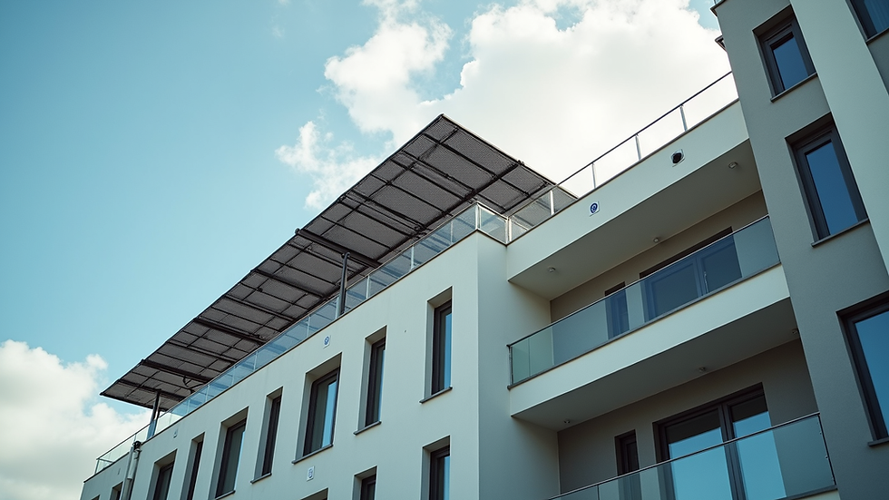 Eye-level view of modern apartment building with solar panels on the roof