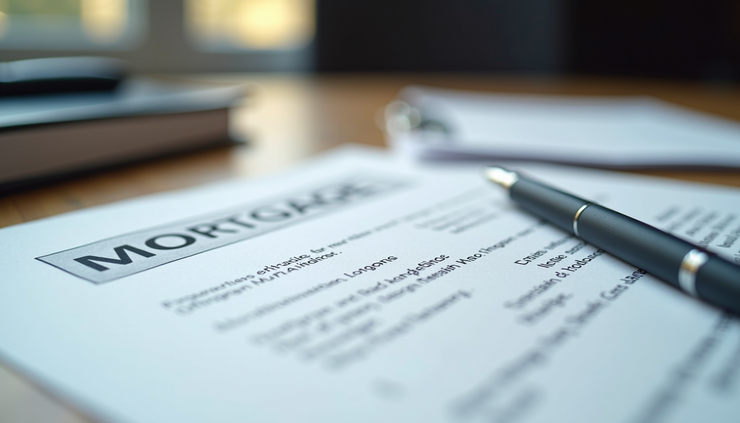 Close-up view of a German notary office with mortgage documents and a pen