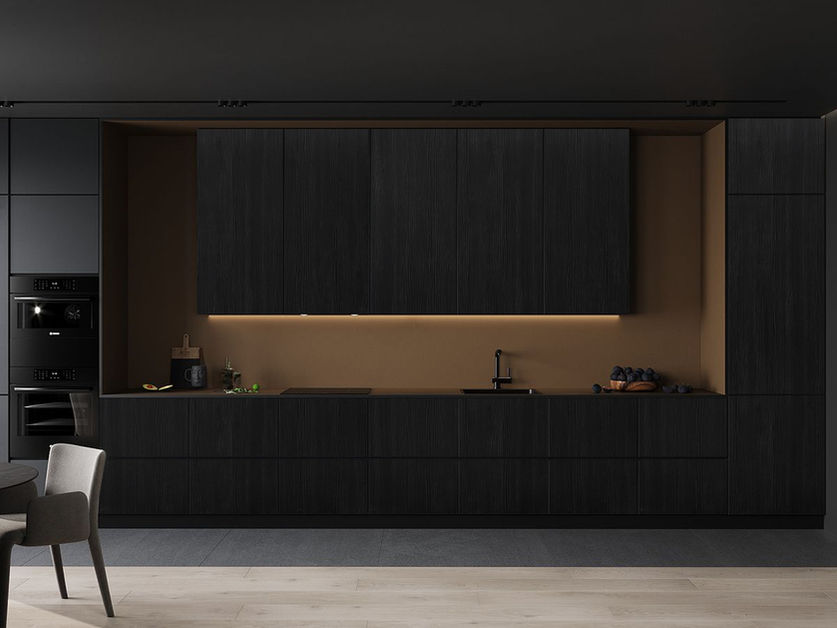 Cocina integral fabricada con Melamina Ébano LC acabado negro maderado contemporáneo