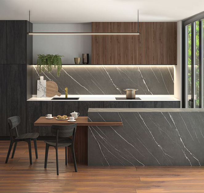 Vizcaya Melamina Vesto Textura Diseño de piedra mármol en color negro con una estructura atrevida de vetas blancas. Vizcaya aporta sofisticación, elegancia y una dosis de glamour a los espacios.