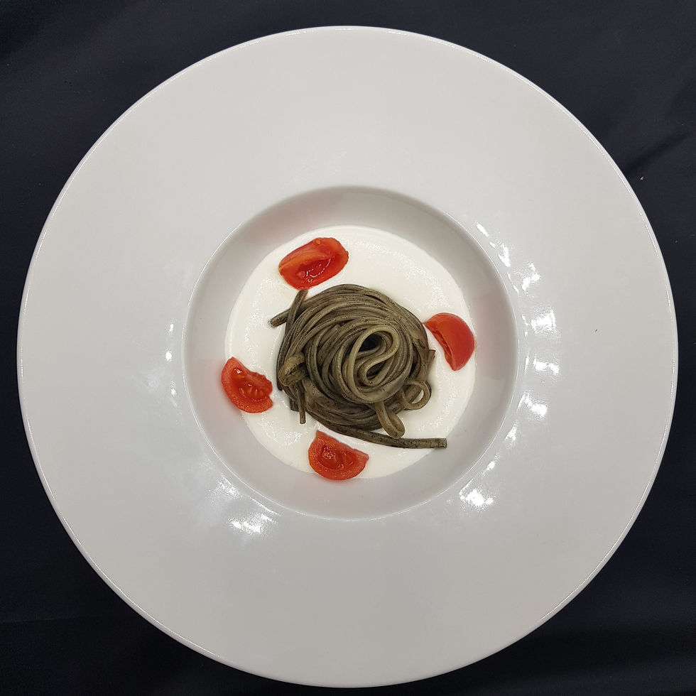 linguine nero seppia burrata pomodorini