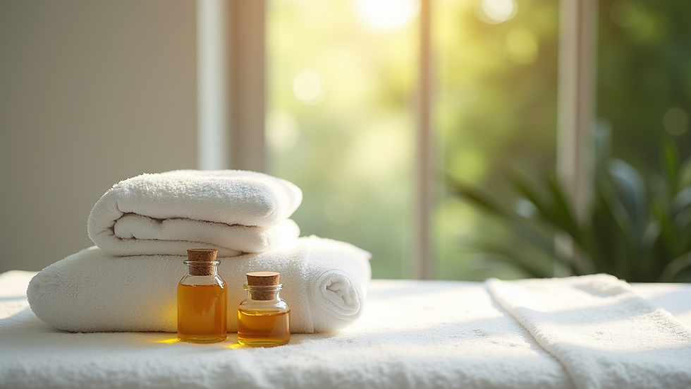 Vue rapprochée d’une table de massage avec huiles essentielles et serviettes blanches