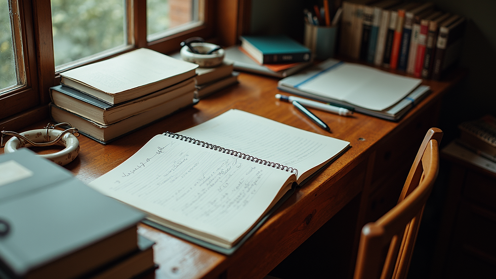 High angle view of a cluttered writing desk filled with books and notes