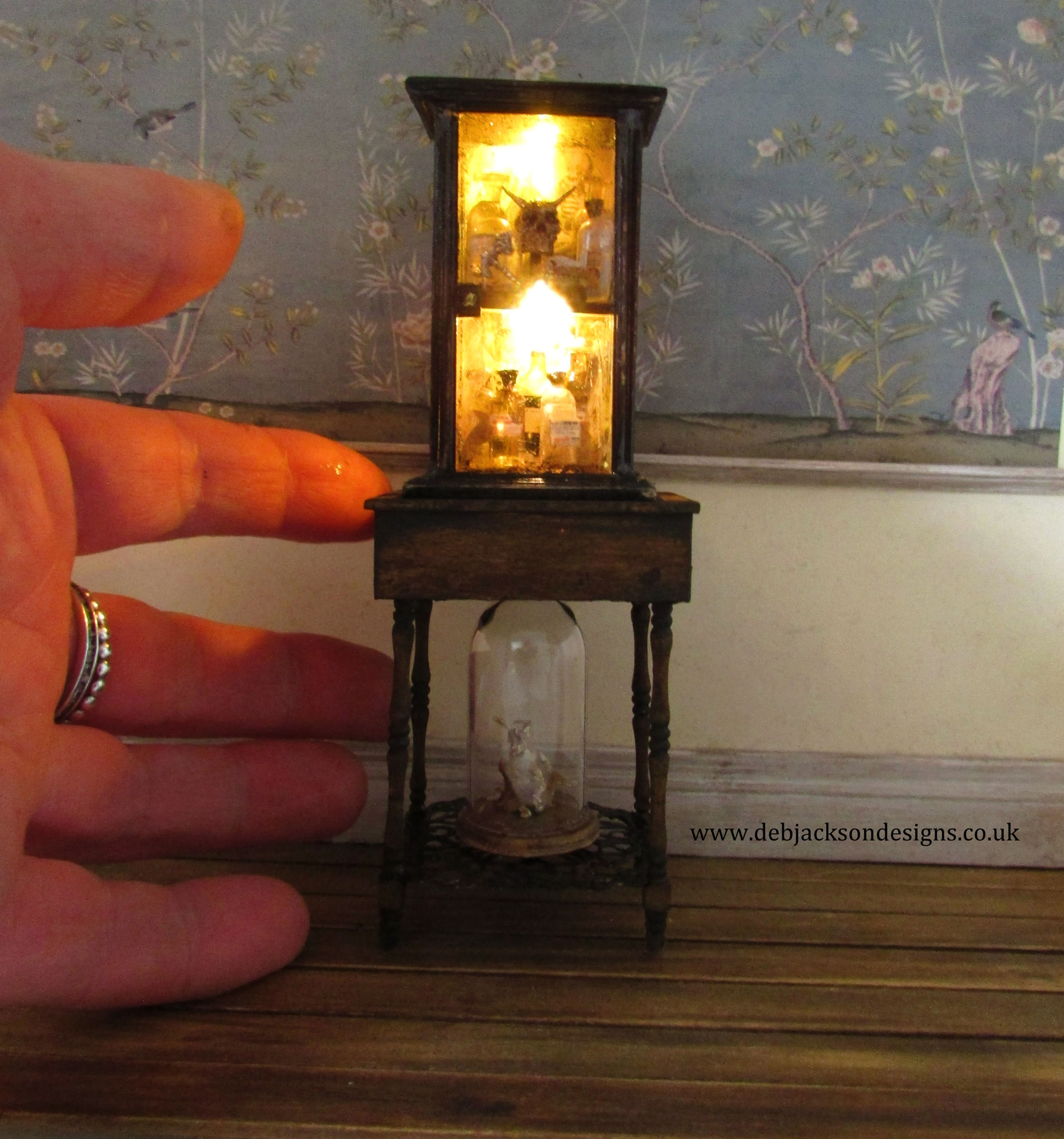 Illuminated apothecary/curiosity cabinet cupboard display.