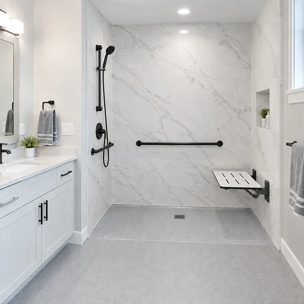 Architectural photography of a contemporary accessible bathroom with a walk-in shower. The space features white marble-look tiles, sleek black fixtures, and a folding shower bench.