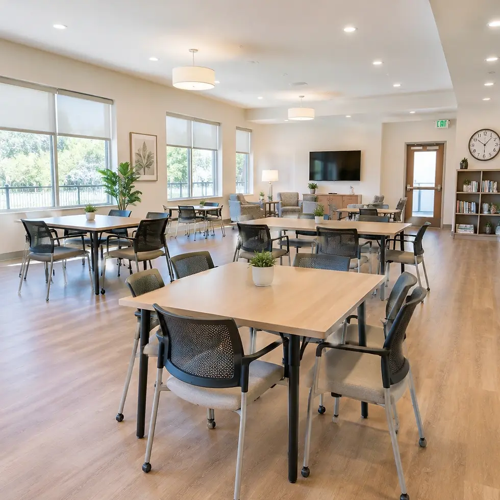 Studio photography of a bright, modern common area or community room filled with tables and office chairs. The space is inviting and clean, with large windows providing ample natural light.