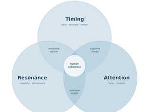 The Regulation Alignment Map™ — visual description Three overlapping circles in soft dove blue, arranged in a classic Venn formation. Each circle represents one of three neurobiological dimensions of human regulation. At the top: Timing — pace, recovery, tempo. Bottom left: Resonance — empathy, attunement. Bottom right: Attention — focus, context. Where Timing and Resonance overlap: emotional rhythm — the pacing of emotion in action. Where Timing and Attention overlap: cognitive tempo — the synchrony between thought speed and focus. Where Resonance and Attention overlap: relational insight — empathy held together with precision. At the centre, where all three circles meet: a small white circle marked human coherence — the state where perception, emotion, and execution move together. The palette is intentionally muted: soft steel blues and dove greys. No hierarchy. No deficit framing. Each dimension is equally weighted — because no regulation style is better than another. 