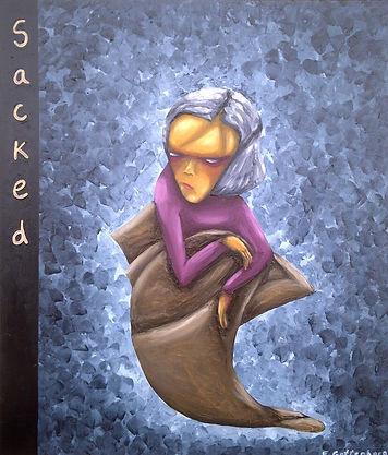 Sacked Oil on canvas, 60x70 cm, Feb 2015 This painting talking about a human tendency to become introverted and hide once hurt (sacked). The hurt and furious figure in the painting hiding in a sack (sacked) is representing that state. But this figure is also projecting power and energy that can be redirected from its anger and hurt state to more positive use of "getting out of the sack" in order to improve its wellbeing and heal. The energy is always there and it's always our decision how to use it...