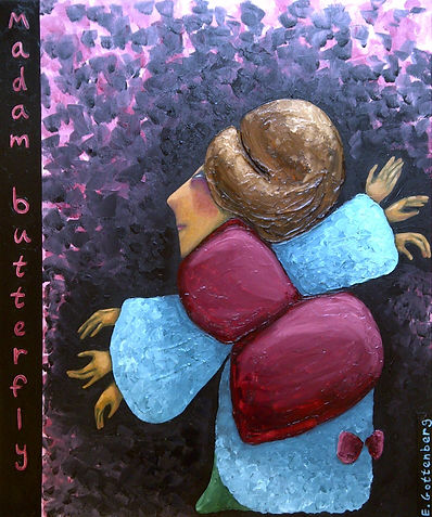 Madam butterfly Oil on canvas, 50x60 cm, Jan 2015 This painting is homage to the modern woman. Unlike Madam butterfly in the opera; this figure representing an independent woman that possesses many qualities and abilities as many women today. She may be a carrier woman, a wife, a mother etc. She's moving between the different areas and tasks in life as gracefully as a butterfly between the flowers. She can be tough to cope with the numerous responsibilities and difficulties in life and yet remain as gentle and delicate as the butterfly. As the character in the opera; she can be romantic, full of love and hope and as such requires loving, gentle and trustworthy treatment.