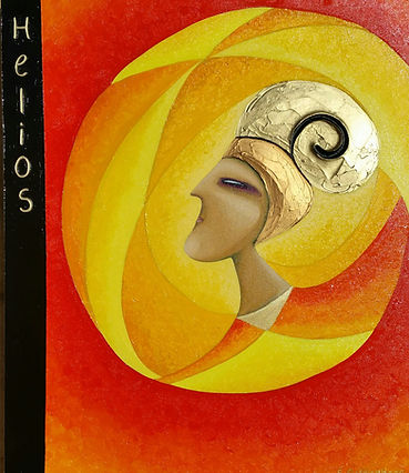 Helios Oil on canvas, 60x70 cm, Jul 2016 Don't look for Helios (Greek mythology sun god) in the sky to shine his light upon you. He's not in the sky; he's in your heart and only you can produce the light that will shine on you and your surrounding.