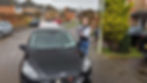 A person standing by a car with a driving school sign, holding a certificate.