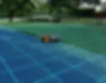 Robotic lawn mower on grass with digital grid overlay showing cutting path.