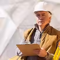 A construction worker in a hard hat holds a clipboard, with surveying equipment visible beside him