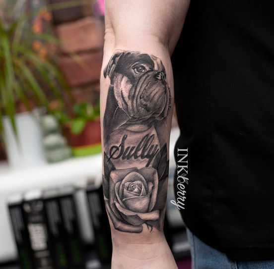 Sully dog portrait tattoo by Ela Nie from INKberry Astbury