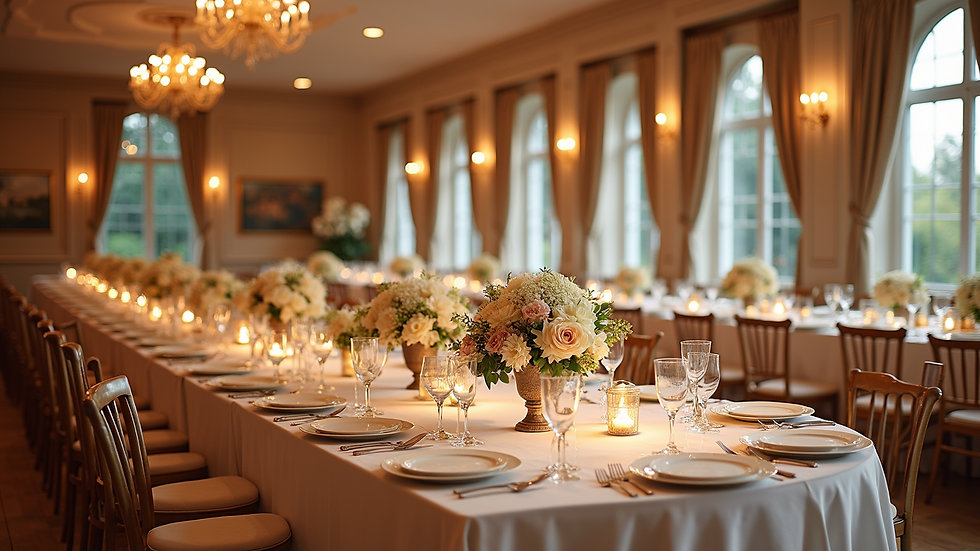 Wide angle view of a beautifully decorated wedding reception with floral centerpieces