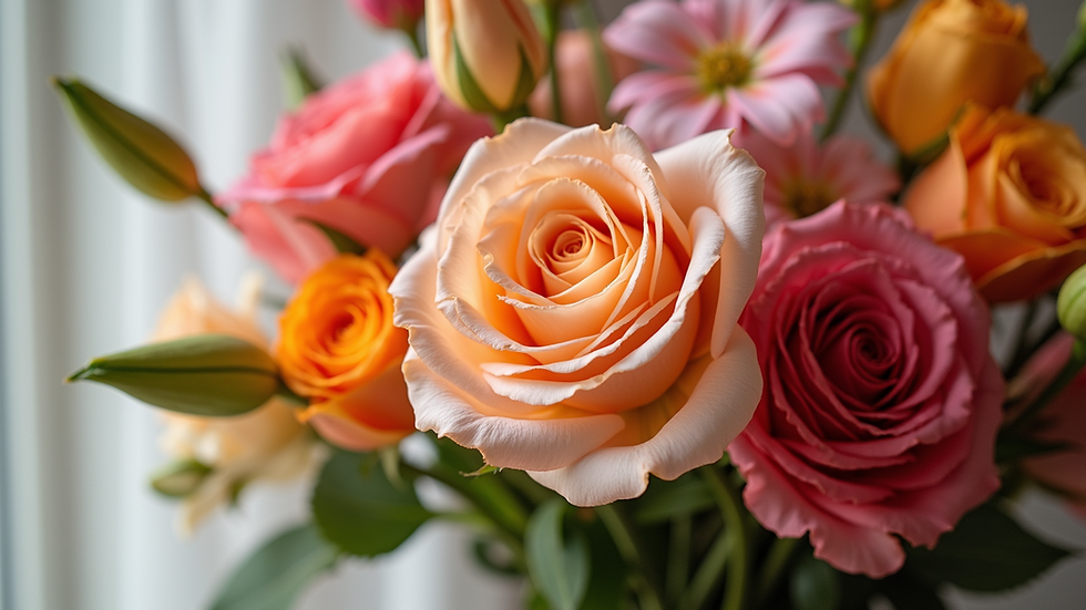 Close-up view of a vibrant floral arrangement featuring roses and lilies
