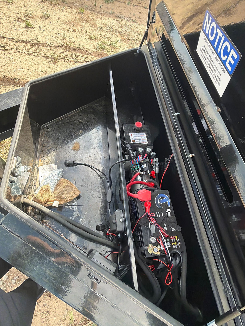 Thumbnail: Front toolbox and hydraulic system on Iron Bull gooseneck dump trailer