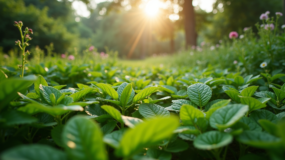 Eye-level view of a lush green garden with diverse plants