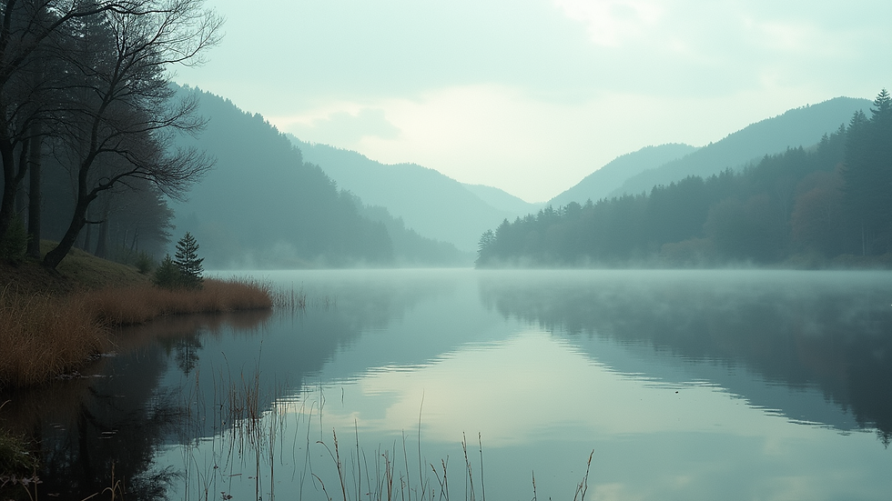 Eye-level view of a serene landscape with a calm lake and trees