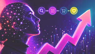 A futuristic digital illustration of a woman’s profile with a glowing AI neural network overlay across her face and head, set against a neon purple and blue background. Floating icons representing search, product discovery, shopping, and customer engagement connect above her, while a large upward trending arrow symbolises growth, AI powered commerce, and retail innovation.