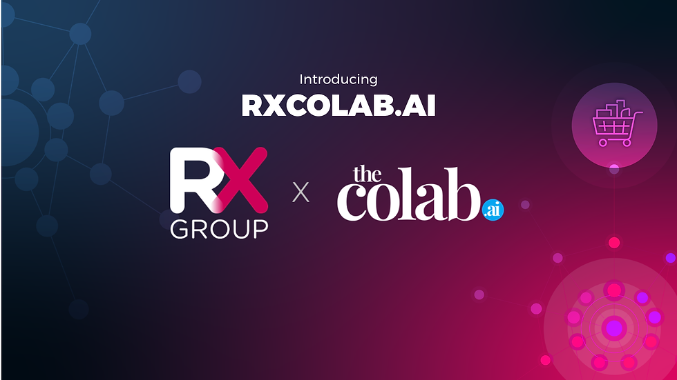 Promotional graphic announcing the launch of RXCOLAB.AI, a partnership between RX Group and thecolab.ai. The image features both company logos centred on a dark blue to pink gradient background with abstract AI network graphics and glowing retail themed icons, representing artificial intelligence, retail technology, and digital innovation.
