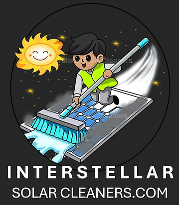 Interstellar Solar Cleaners logo, riding a solar panel in space, the Interstellar spirit.