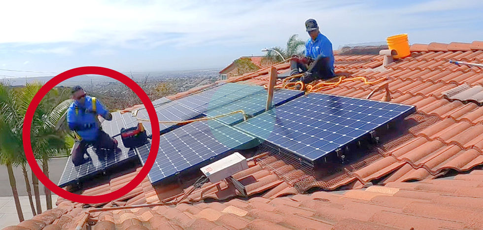 The bottom 3 panels will never be the same. This is a solar cleaning company located in San Diego, CA working on a real customer's home. Choose your cleaners and installers carefully.