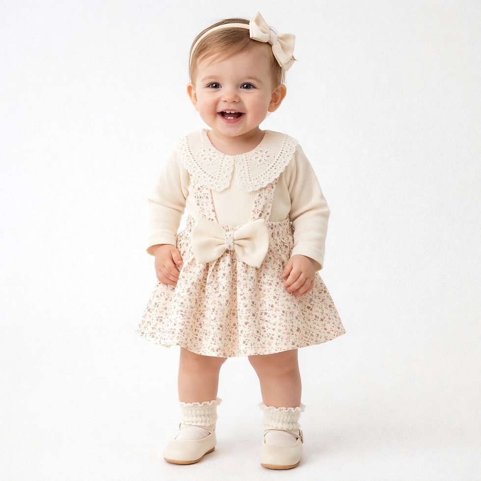 Thumbnail: A Pack of Four Sizes Leaf Print Baby Girl Dress with Lace Collar & Bow | 3–12 M