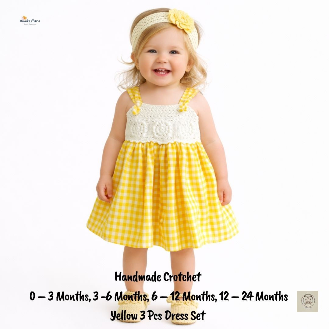 Handmade Crochet Cotton Baby Dress Set-3 Piece