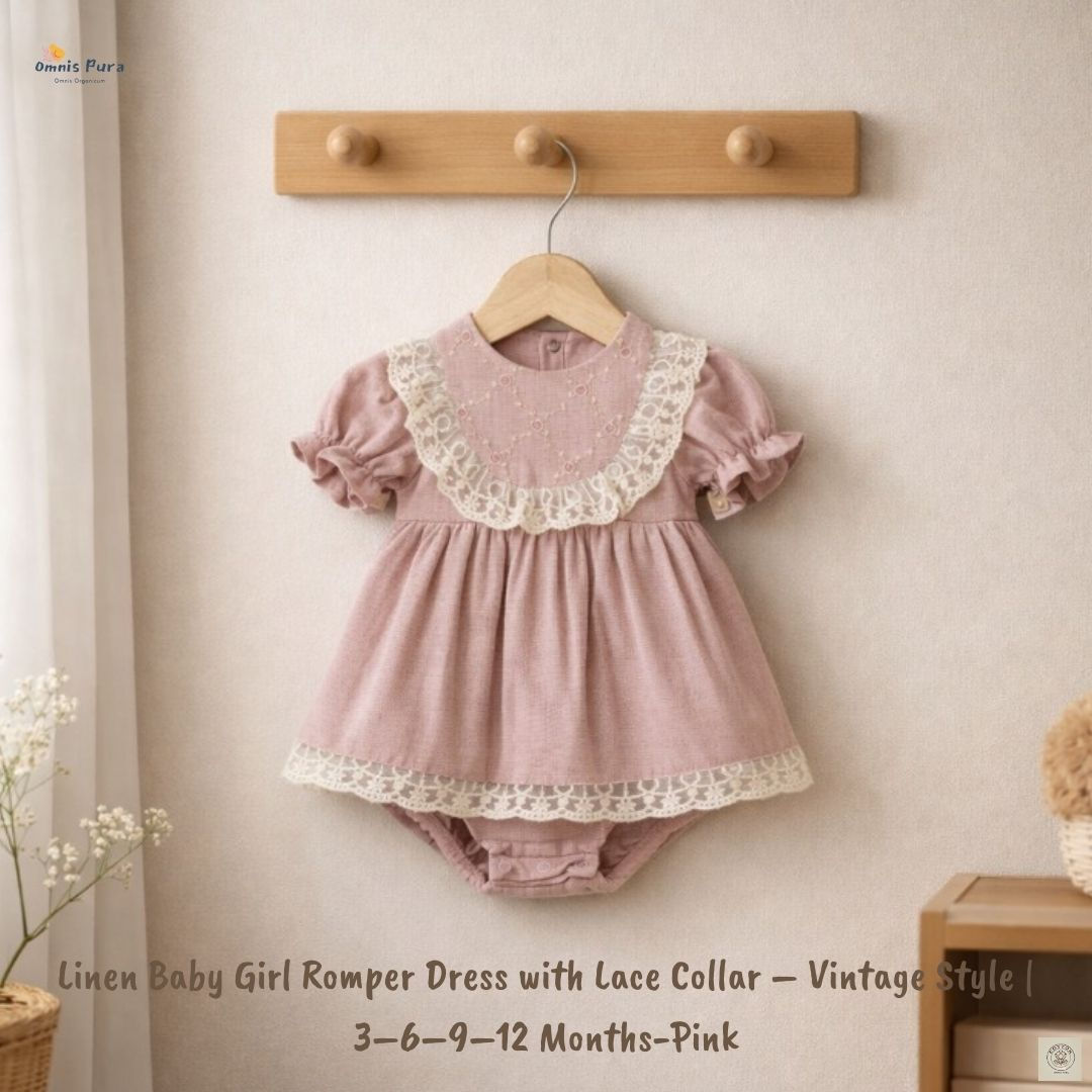 A Pack of Four Sizes Linen Baby Girl Romper Dress with Embroidered Collar