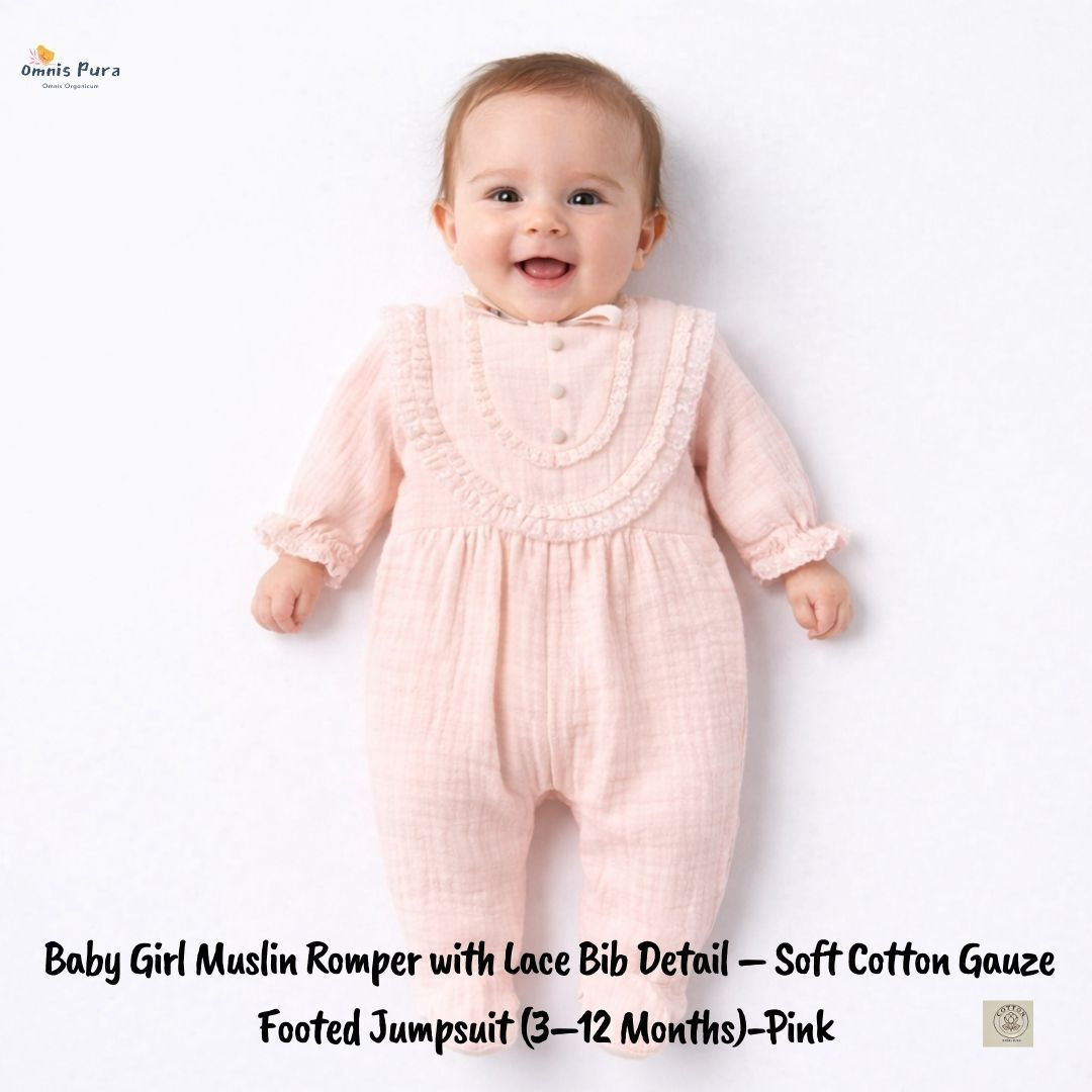 A Pack of Four SizesBaby Girl Natural Muslin Romper with Lace Bib Detail – 0-12M