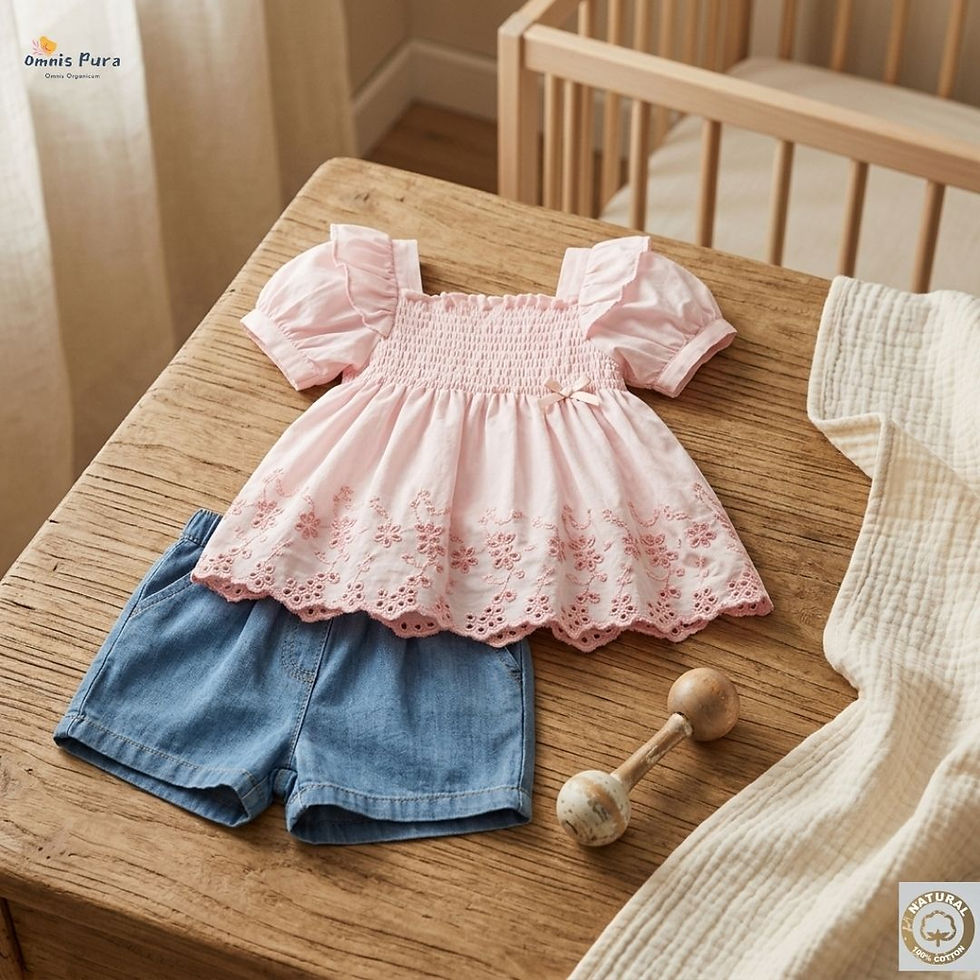 Thumbnail: Smocked Cotton Blouse & Soft Denim Shorts Set -9-24M