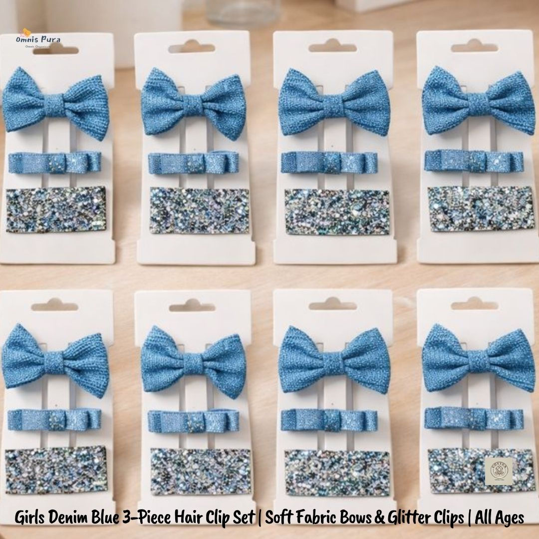 A Pack of 12 Girls Denim Blue 3-Piece Hair Clip Set | Soft Fabric Bows