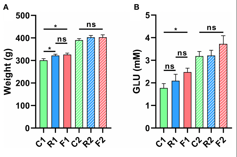 Rat body weight and fasting glucose by diet—C1/R1/F1 then C2/R2/F2—Stage 1 differences resolve after AIN-93; bars with * or ns.