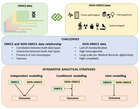 Schematic overview of multi-omics integration showing several omics data
layers entering statistical, machine learning, and network-based methods, then splitting into
sequential and parallel workflows for disease subtyping, patient stratification, biomarker
prediction, and disease insight.