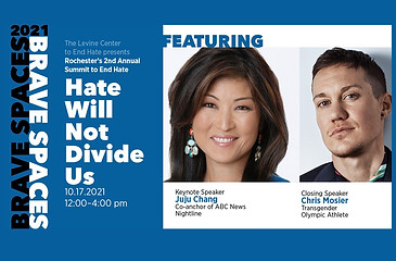A poster for "Brave Spaces". In the center there is blue texts that read "Rochester's Summit To End Hate". To the right there is a black animage of an Asian woman and white man .. 