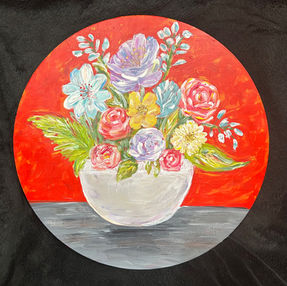 circular modern floral design against a vibrant red background.
