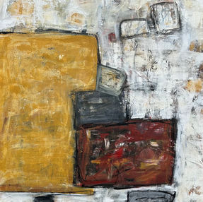 Abstract painting with mustard yellow, red, gray, and black geometric blocks and textured brushstrokes.