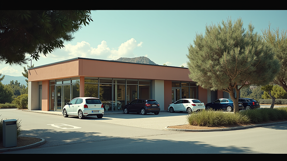 Wide angle view of a car rental office in Italy
