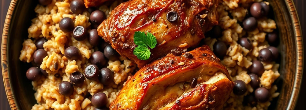 Delicious chicken and rice meal with black beans and fresh herbs.