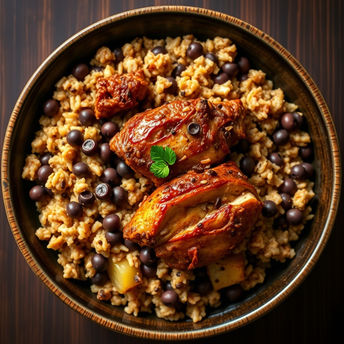 Bowl of roasted chicken, seasoned rice, black beans, and fresh herb.